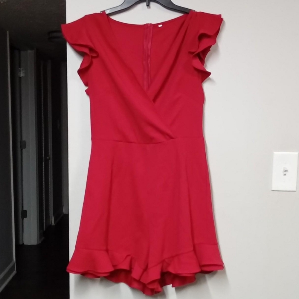 Elegant Red Ruffle Short Sleeve Dress Midi Dress Size Large